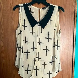 Soprano Collared Cross Blouse, Black and Cream - XL